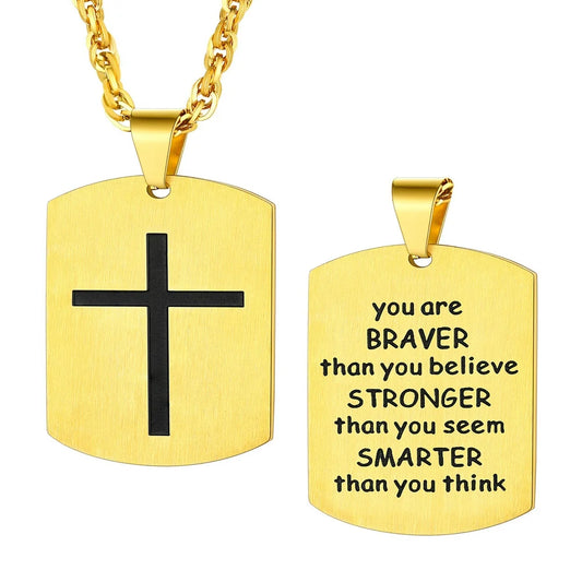 Gold Men Cross Tag Necklace Stainless Steel Dog Tag Pendant