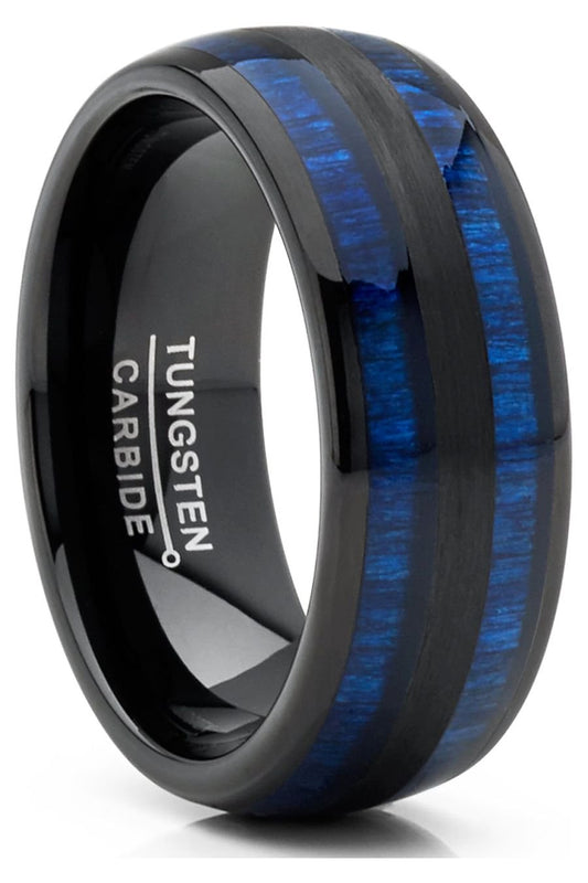 Men'S Tungsten Carbide Ring Dome Real Blue Wood Inlay Wedding Band 8MM