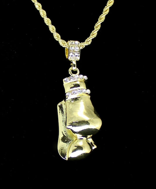 Boxing Gloves Pendant Necklace 14K Gold Plated Men 24" round Rope Chain