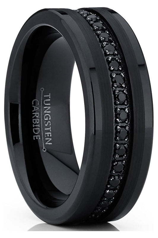 Men'S Genuine Tungsten Black Wedding Band Eternity Ring Cubic Zirconia Comfort-Fit