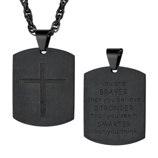 Black Men Cross Tag Necklace Stainless Steel Dog Tag Pendant